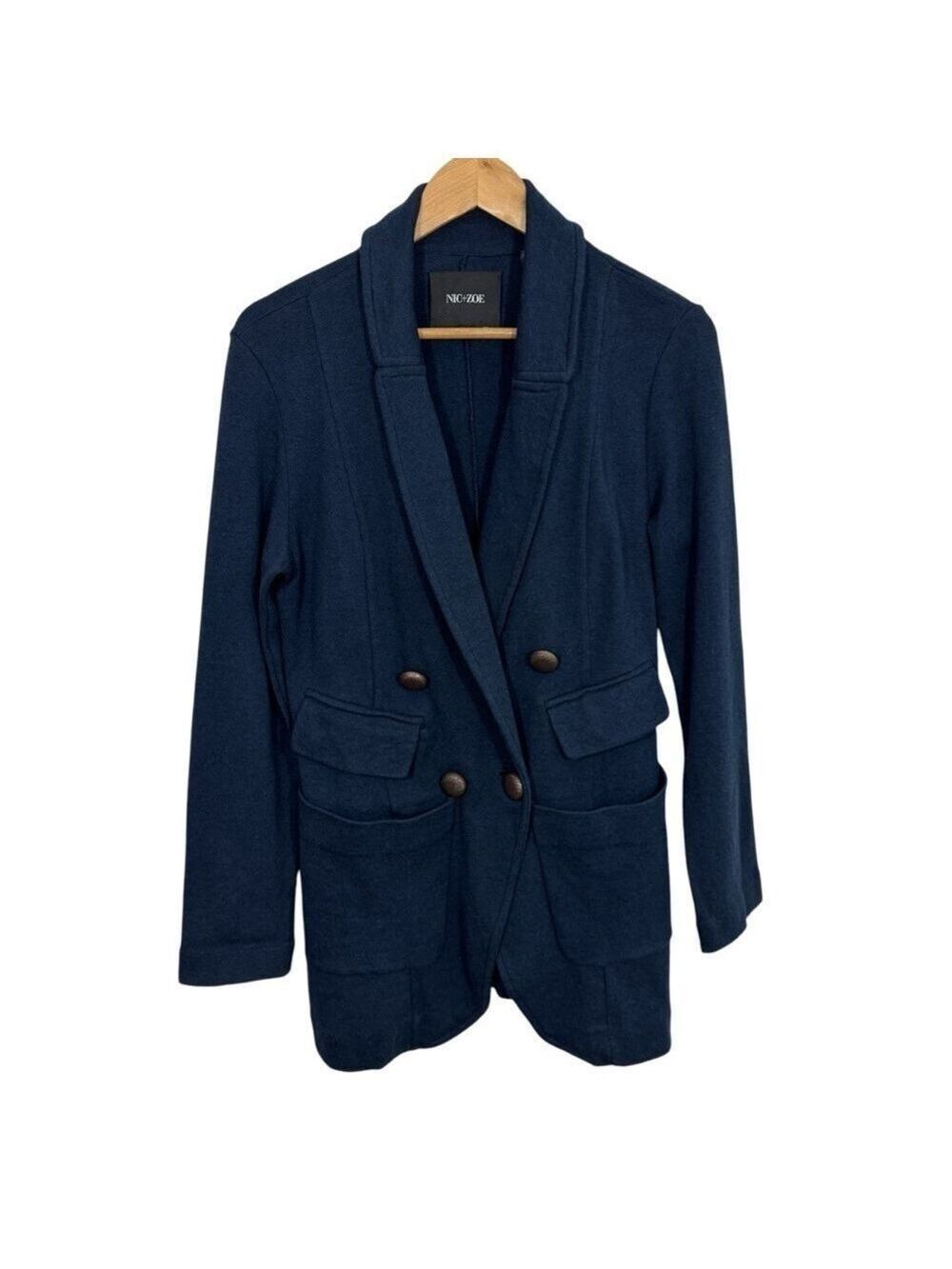 NIC+ZOE Double Breasted Cardigan Womens M Navy Blue Longline Jacket Sweatshirt